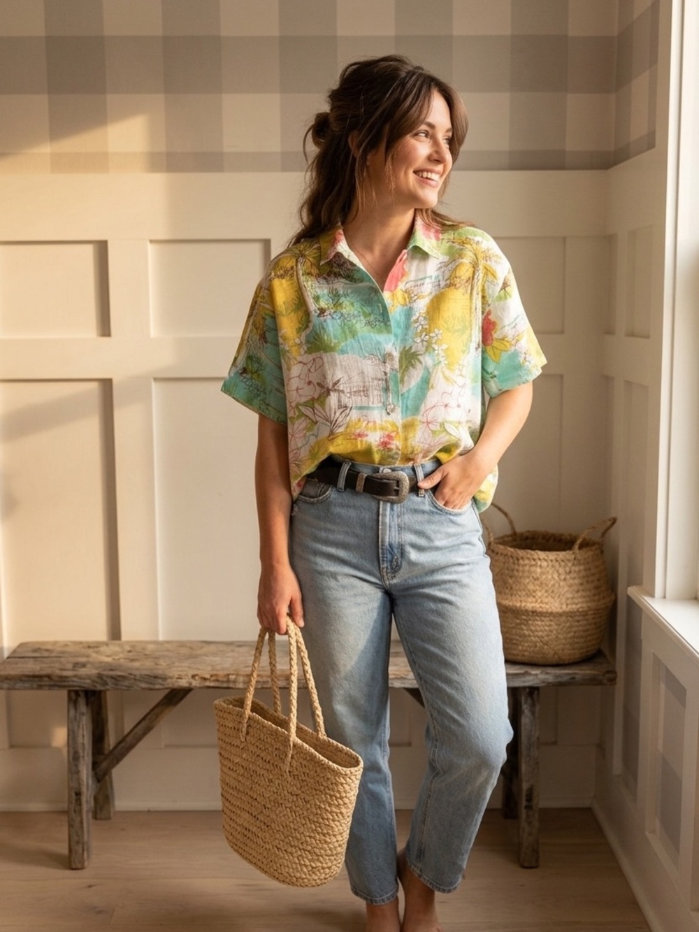 Hot Cotton Tropical Short-Sleeve Button-Down in Yellow, Aqua & White Large